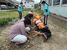 農林高校生徒と保育園児とさつまいも苗植え